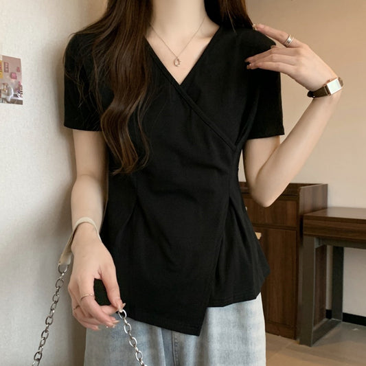 Irregular Bottoming Shirt Shoulder V-neck All-matching Short Sleeve
