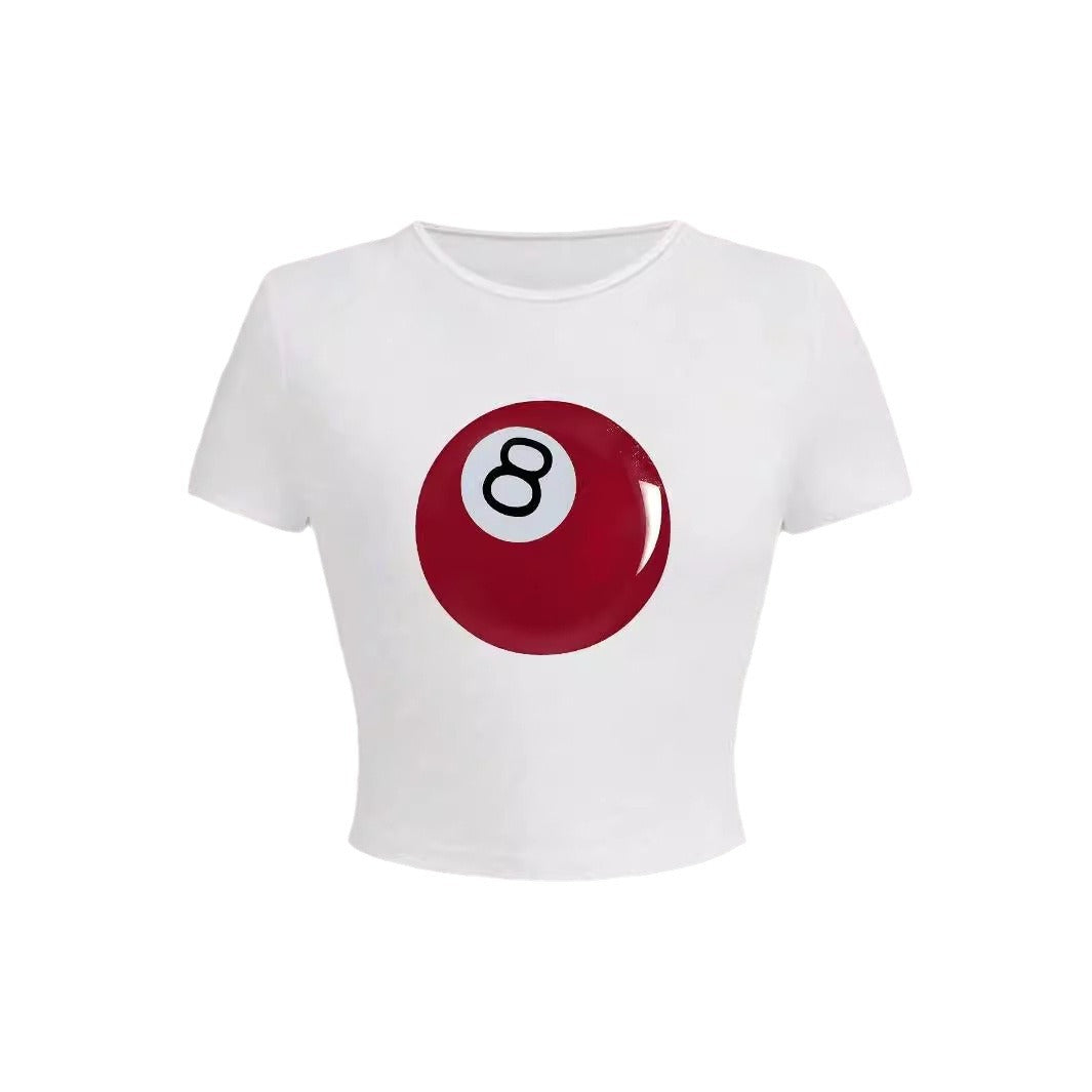 Ladies' Round Neck Casual Size 8 Ball Print Short Sleeved Shirt