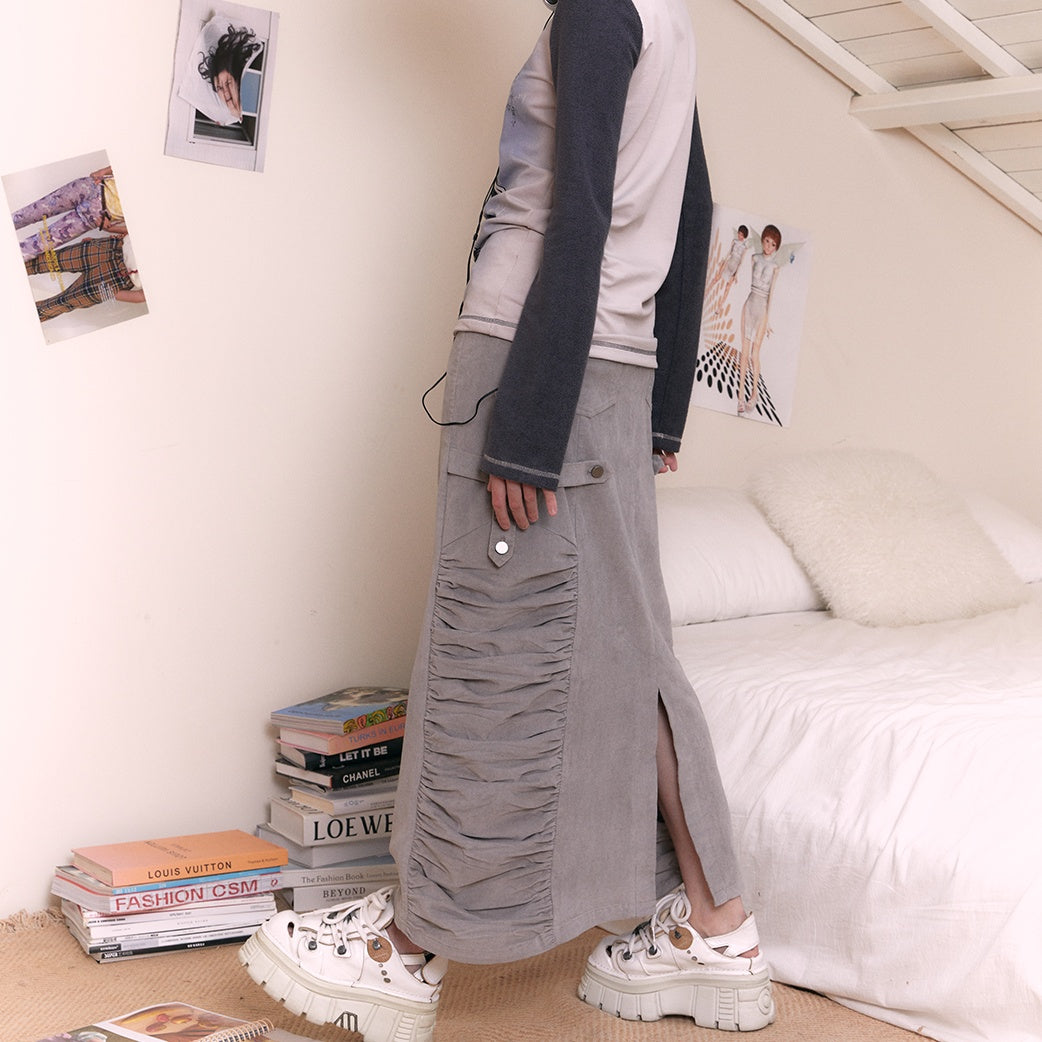Grey Corduroy Pleated Legless Dress