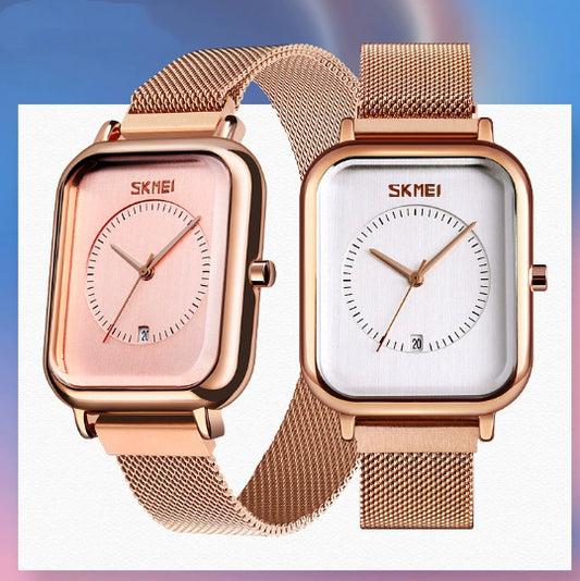 Fashionable Mens Square Business Quartz Student Mens Mesh-Strap Waterproof Calendar Watch