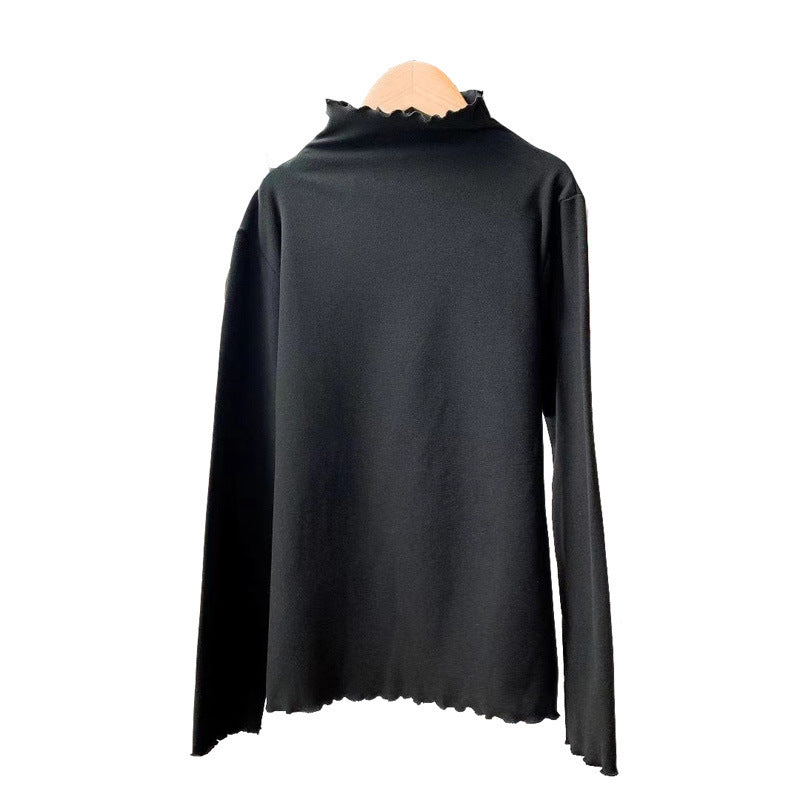 Women's Wooden Ear Half-high Collar Long Sleeves Solid Color Inner Wear Slim Top