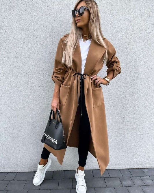 Autumn And Winter Long-sleeved Button Lapel Warmth Solid Color Long Woolen Coat