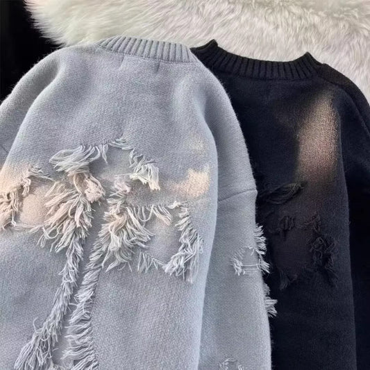 Amerikansk High Street Fashion Brand Ribbet Sweater Med Slidte Detaljer