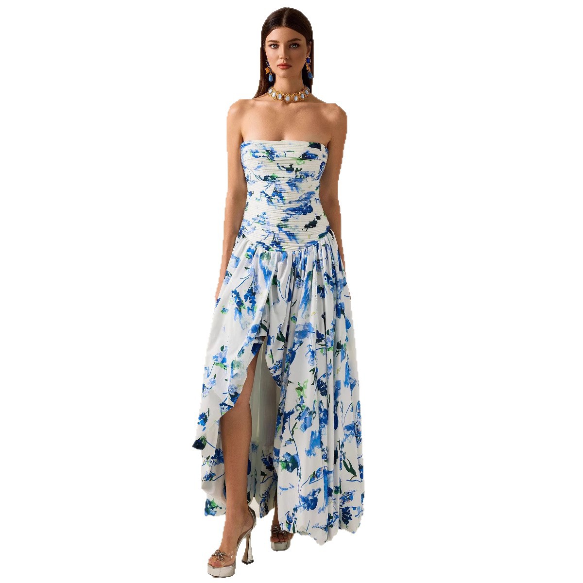 Ruched Waistline Tube Dress With A Floral Print Maxi Skirt