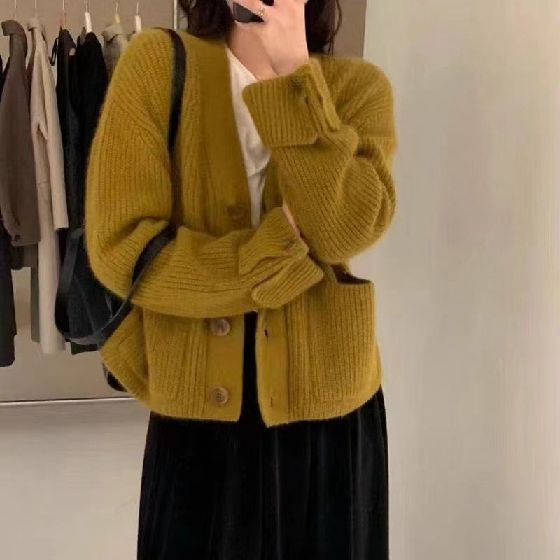 V-neck Soft Glutinous Sweater Single-breasted Loose Knitted Coat