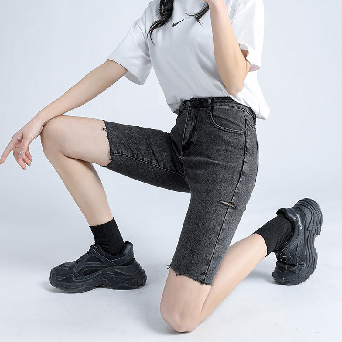 Simple Temperament Trendy With Denim Five-point Pants Women's Tight-fitting