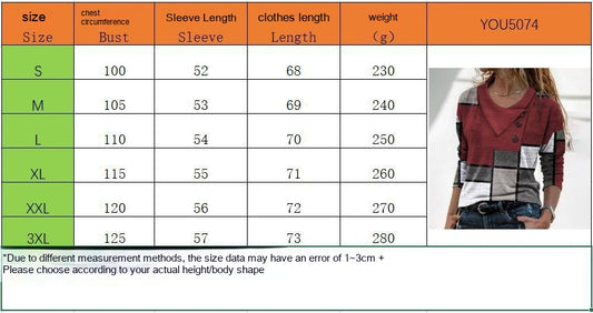Women's Cross Collar T-shirt Button Fashion Geometry Pattern Printed Long-sleeved Top
