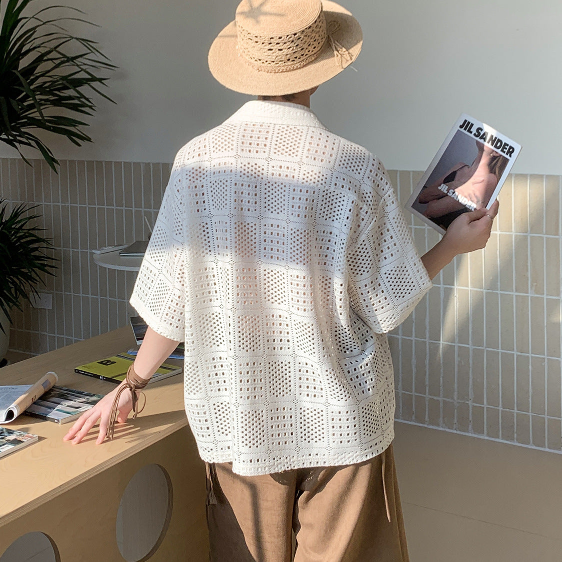 Hollow-out Loose Solid-color Mens Shirt