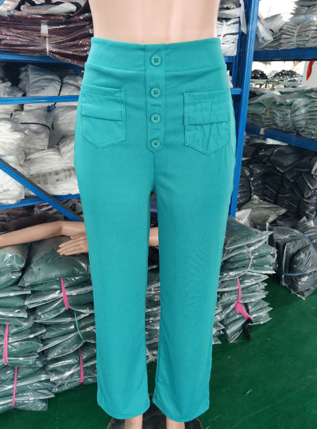 High Waist Trousers With Pockets Casual Loose Wide Leg Button Straight Pants Women's Clothing