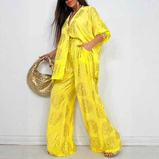 Women's Lapel Print Loose Casual Long Sleeve Set