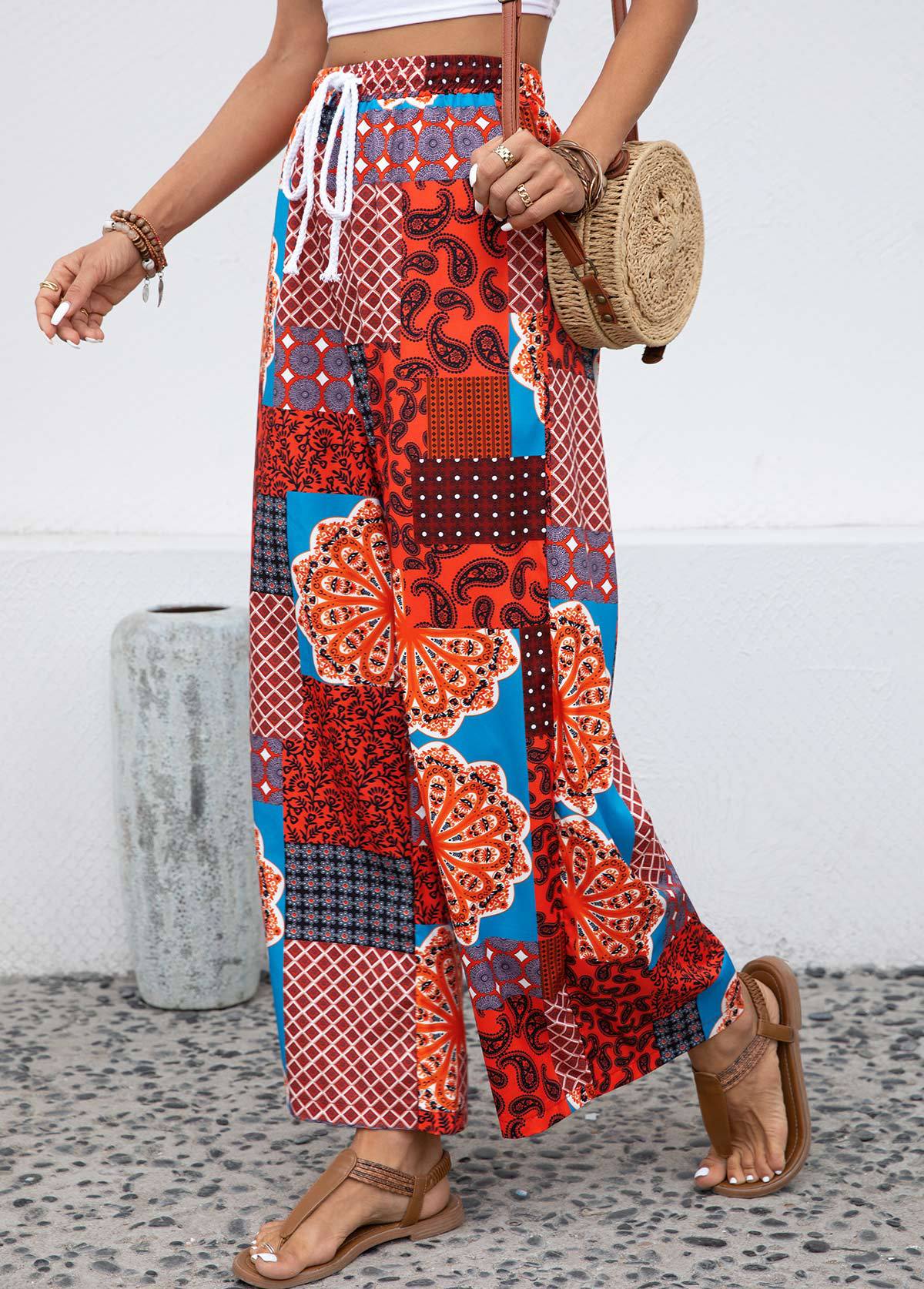 Women's Fashionable Elastic Waist Printed Lace-up Trousers