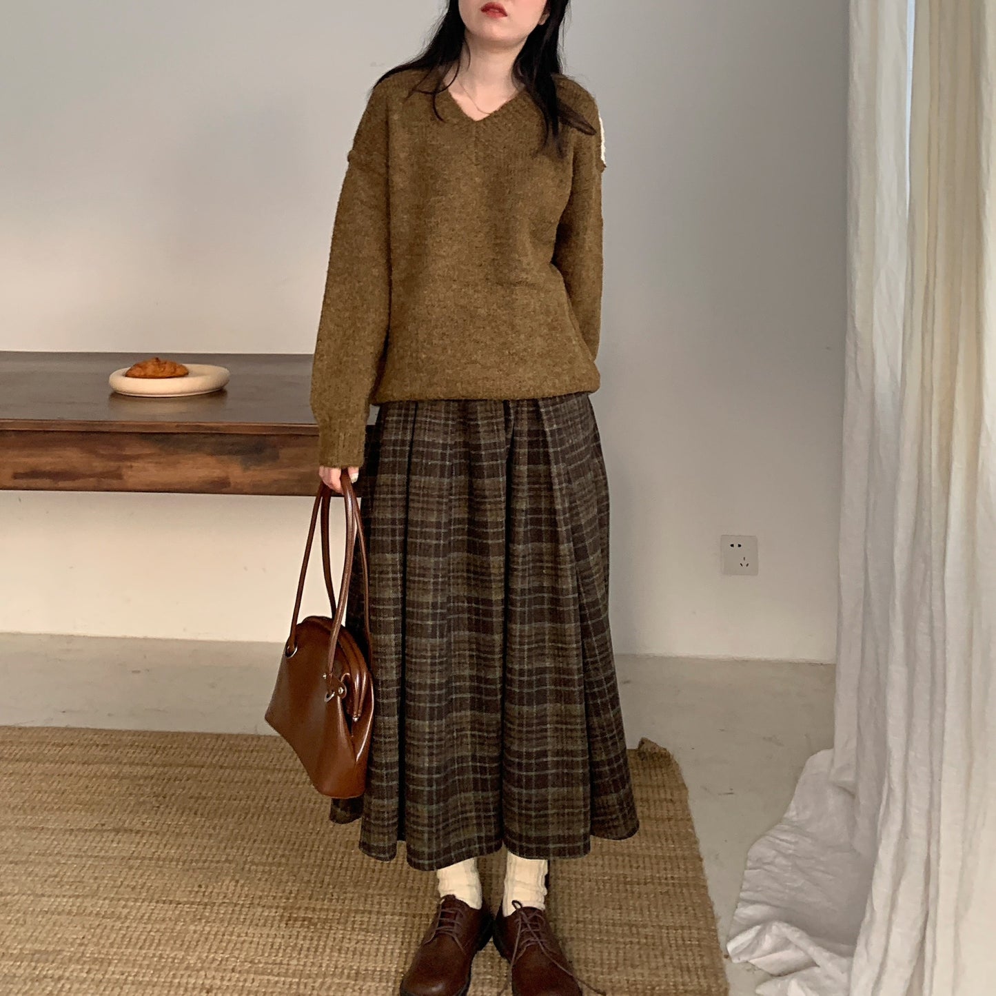 Woolen Preppy Style Retro Plaid Pleated Skirt