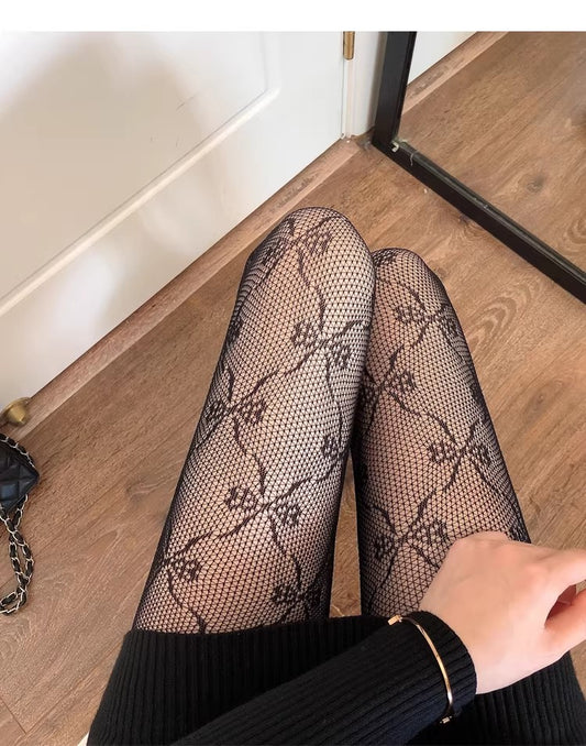 Thin White Stockings Pantyhose Women's Sexy Jacquard Black Stockings Butterfly Knot Hollow Fishing Net Socks