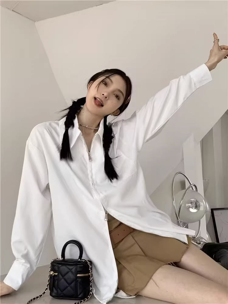 Womens French-zip White Long-sleeve Shirt Top