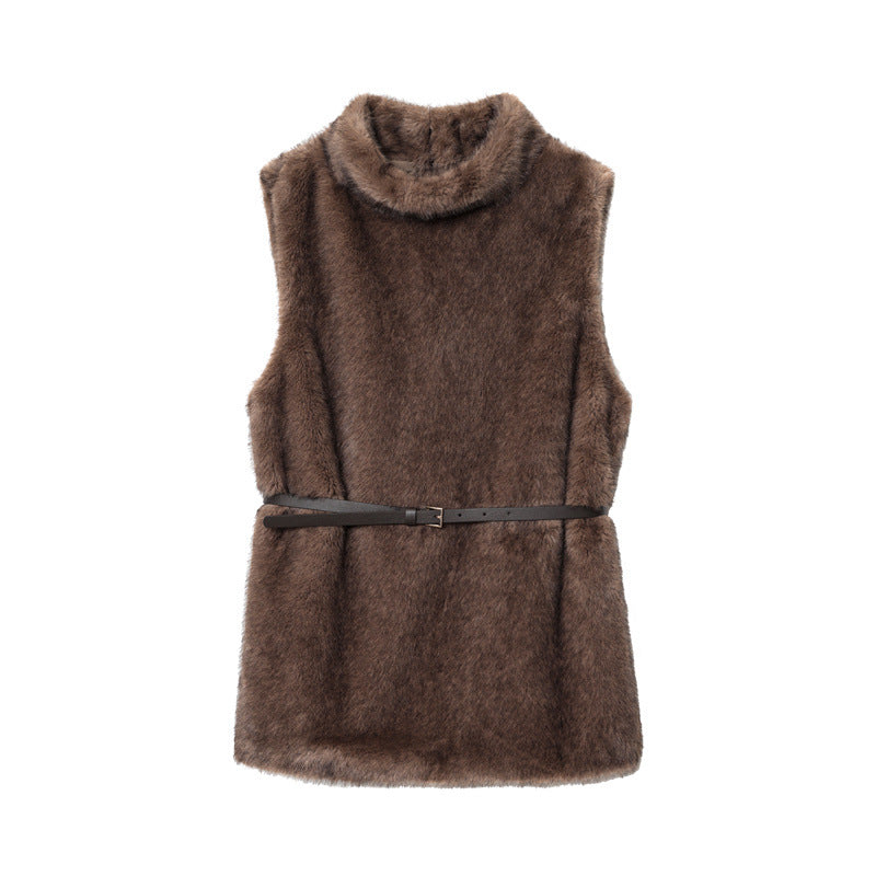 Elegant Women's Sleeveless Belt Turtleneck Top