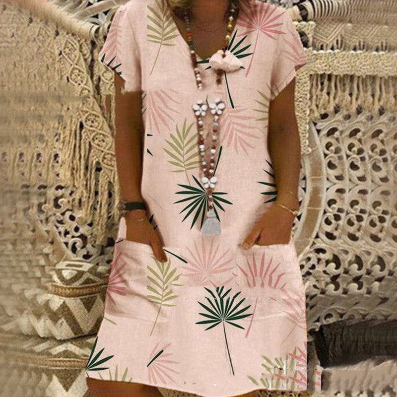 Women's Printed V-neck Short Sleeve Dress