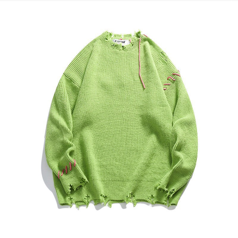 High Street Hip Hop Contrasting Color Embroidery Ripped Green Sweater
