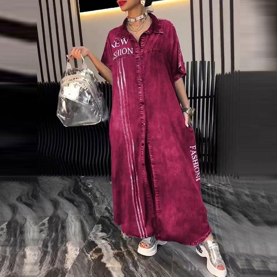 Spring Summer Mid-Length Denim Printed Dress