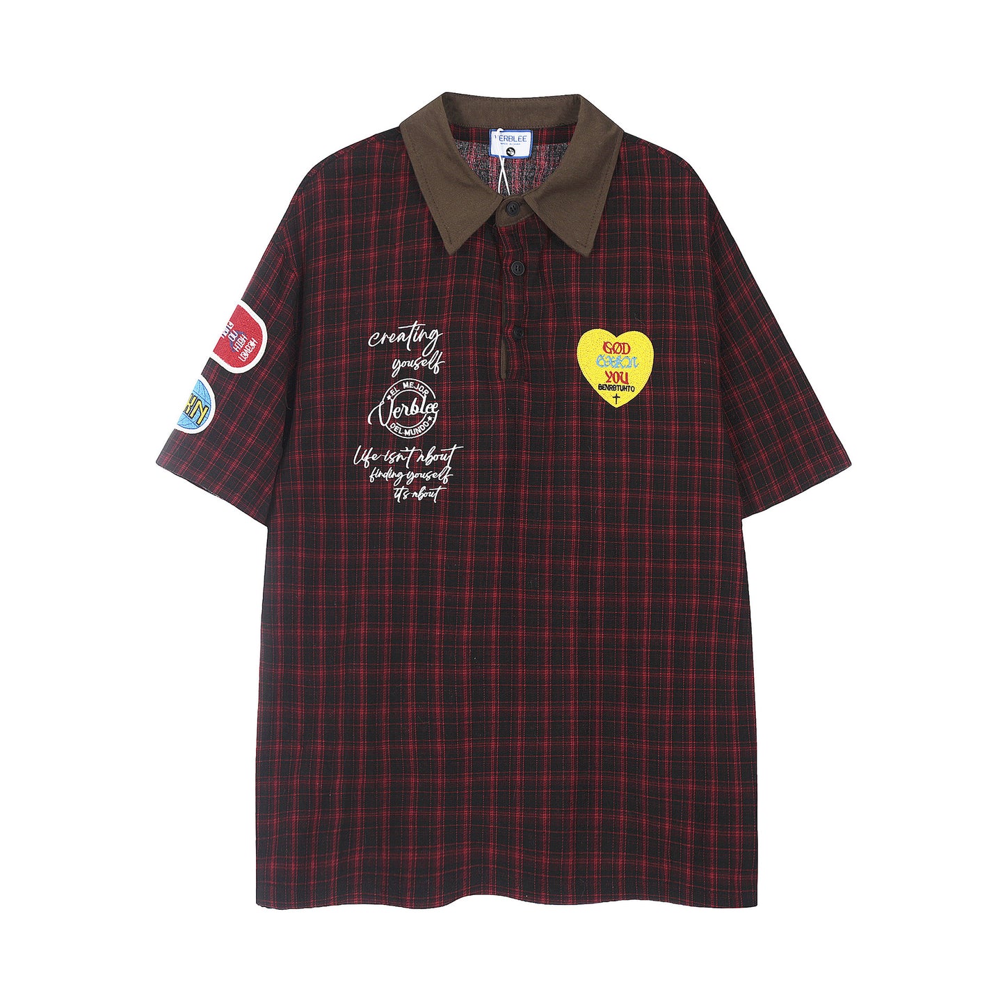 Retro Plaid Colorblock Lapel Short-sleeved T-shirt