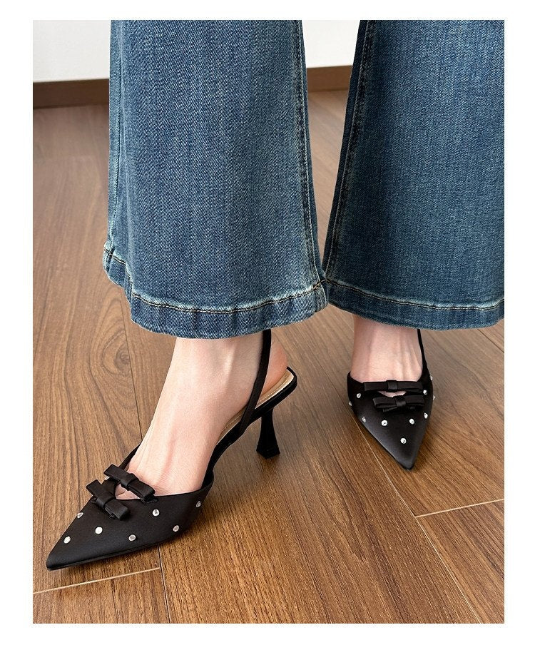 Spring-Summer New Closed Toe Slingback Heeled Sandals For Women, Stiletto Heel With Bowknot, Rhinestone Fashion High Heels, European & American Style