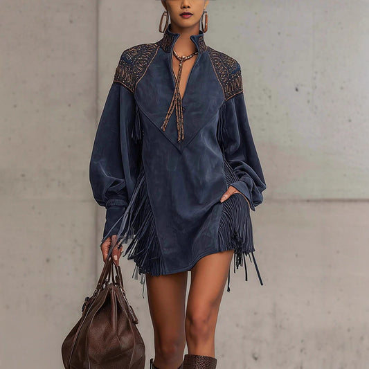 European And American V-neck Tassel-embroidered Dress