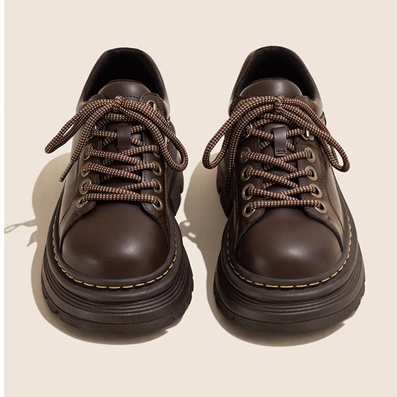 British Style Lace Up Round Toe Versatile Single-layer Shoes Low Heel Leather Shoes Women