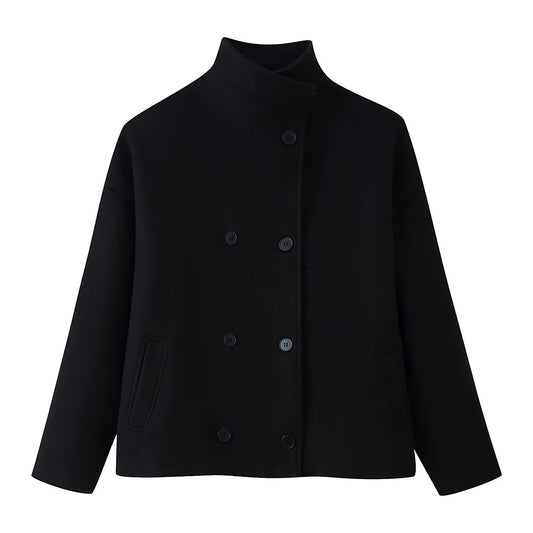 Womens Autumn Fashion Design Short Wool Coat With A Stand Collar And Double-Breasted Buttons