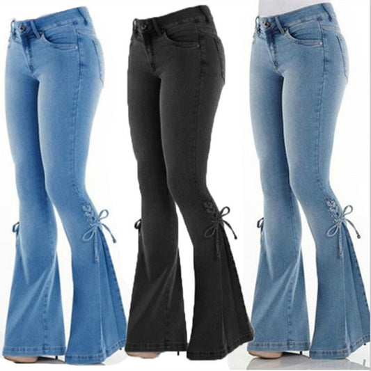 Mid Waist Lace Up Denim Trousers Stretch Jeans Women's Flared Pants
