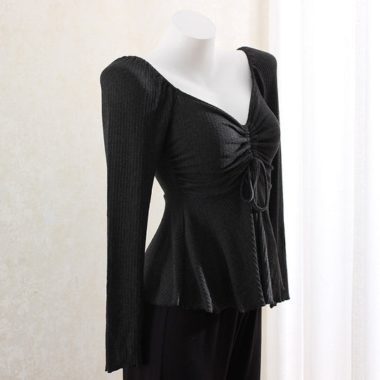 Chinese Gentle Knitted Drawstring V-neck Bottoming Shirt T-shirt Shoulder Slimming Slim Top