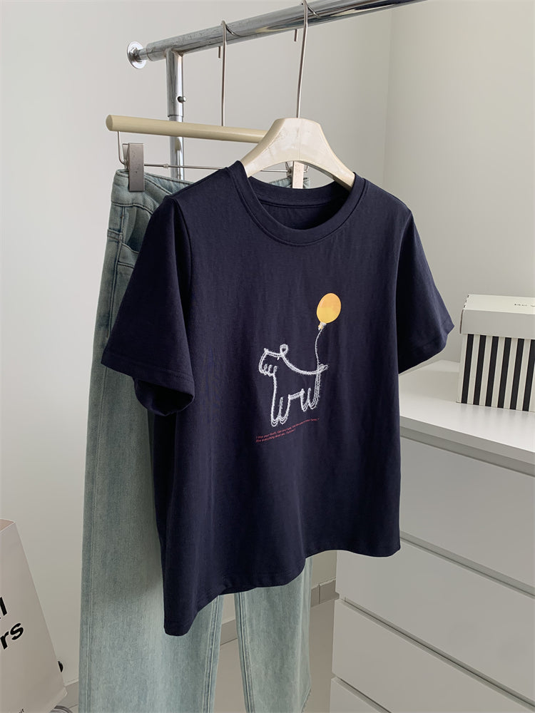 Women's Loose-fitting Casual Round-neck Short-sleeved Balloon Puppy T-shirt