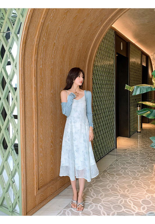 Blue Printed Halter Dress With Chiffon Waistband