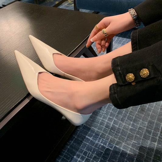 Stiletto Heel Pointed Toe V-shaped Mouth Pumps Patent Sheepskin Korean Style