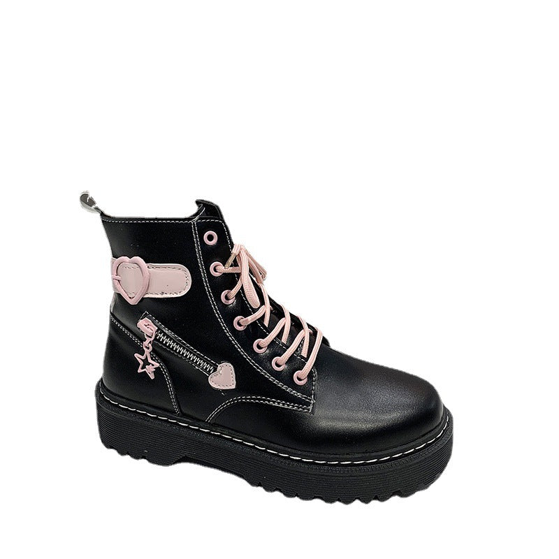 Lace-up British Boots Heart Zipper Black