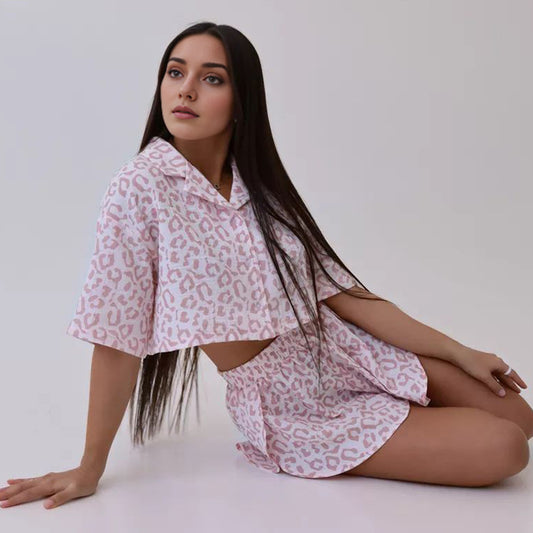 Womens Short-Sleeve Slit-Edge Shorts Two-Piece Set