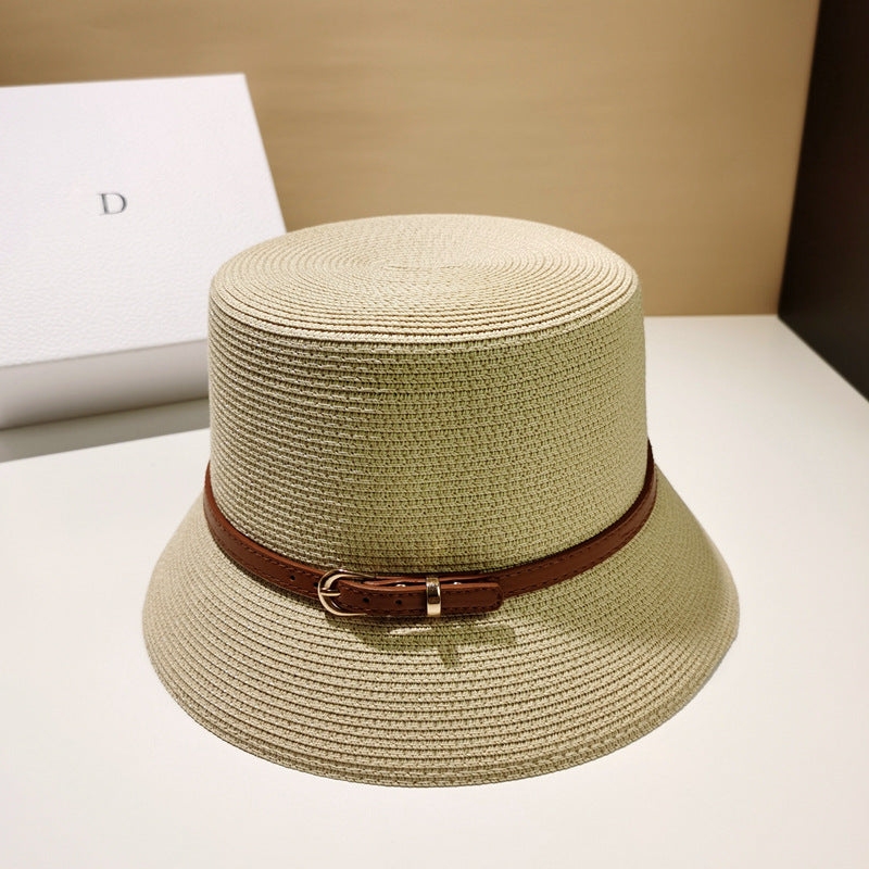 Straw Breathable Flat Top Hat With Belt Buckle