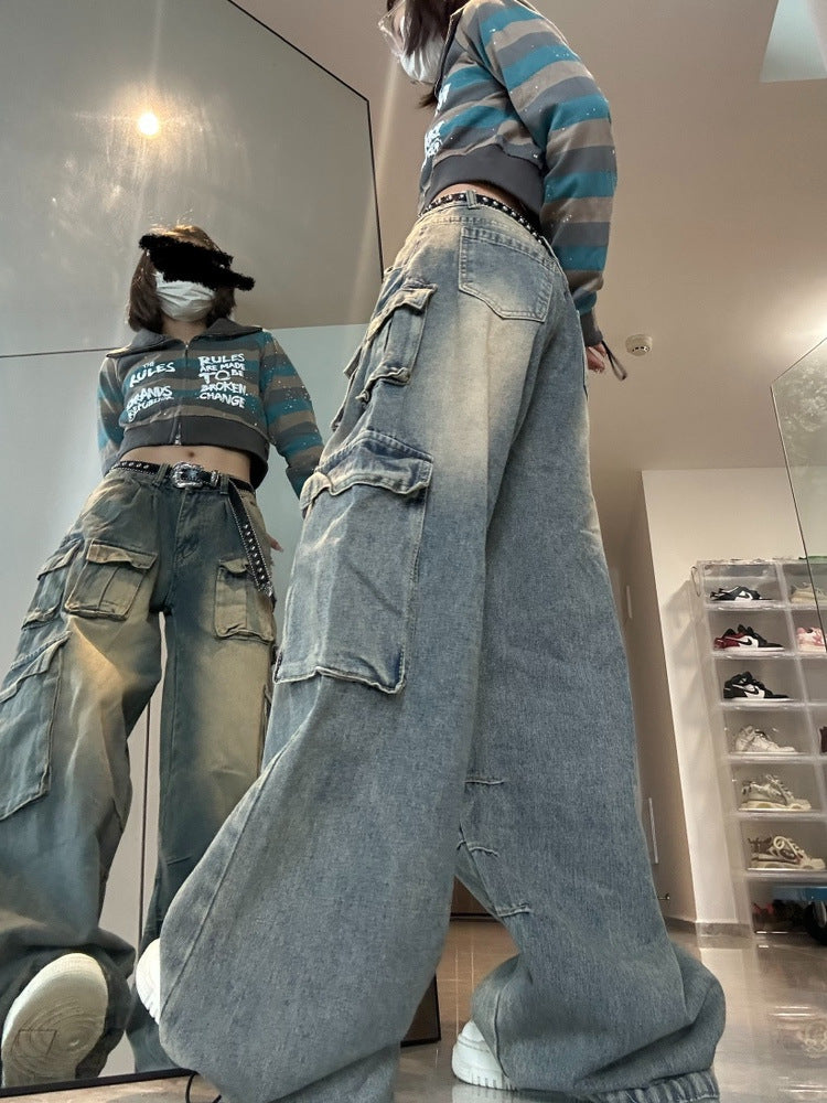 American Multi-pocket Workwear Jeans Women's Wide Leg Loose Washed Distressed Pants