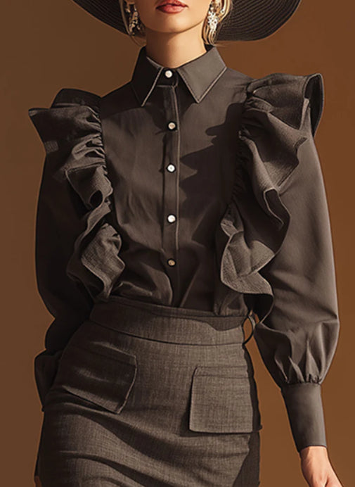 Urban Chic Grey Ruffled Blouse And Skirt Set