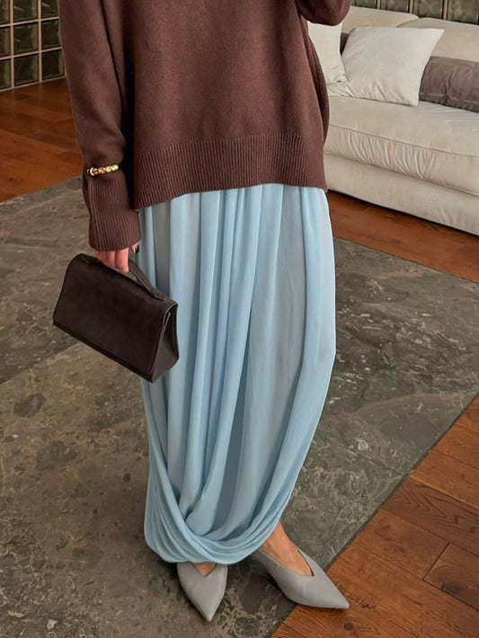 Draped Pleated Wide Leg Maxi Skirt