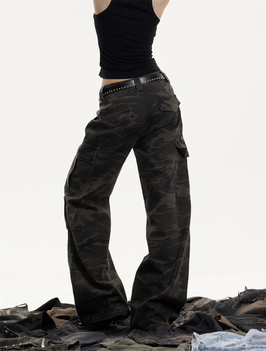 American Retro Camouflage Workwear Women's Loose Straight Wide Leg Casual Pants