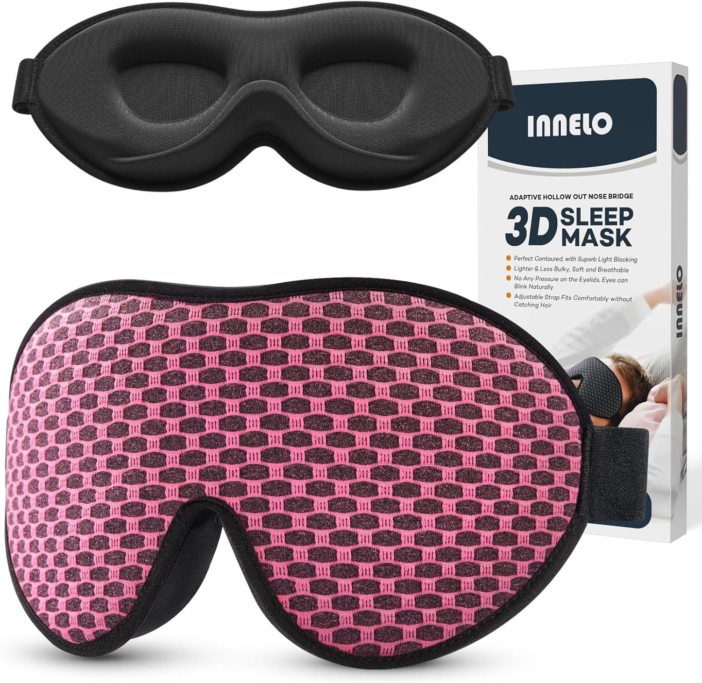 INNELO Schlafmaske Für Herren Frauen, 2024 Bequeme Atmungsaktive 3D Augenmaske, Mit Tiefen Augenhöhlen Und Erhöhten Nasenpads, 100% Lichtblockierende Schlafbrille Mit Memory Foam Für Reisen, Schwarz