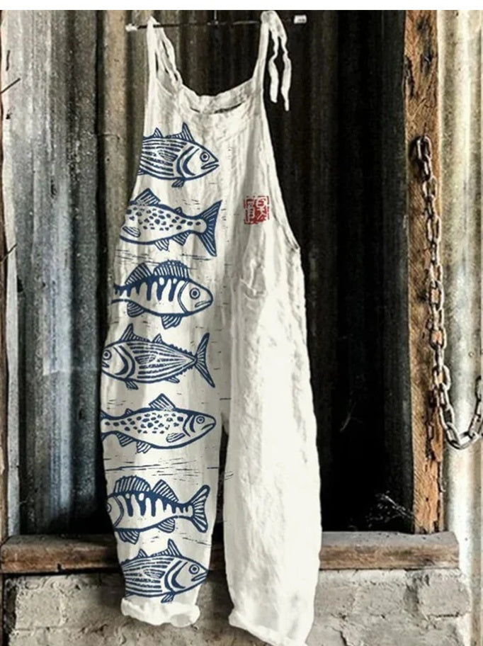 Kvinders efterårs- og vinterprintede retro-jumpsuit med vide ben