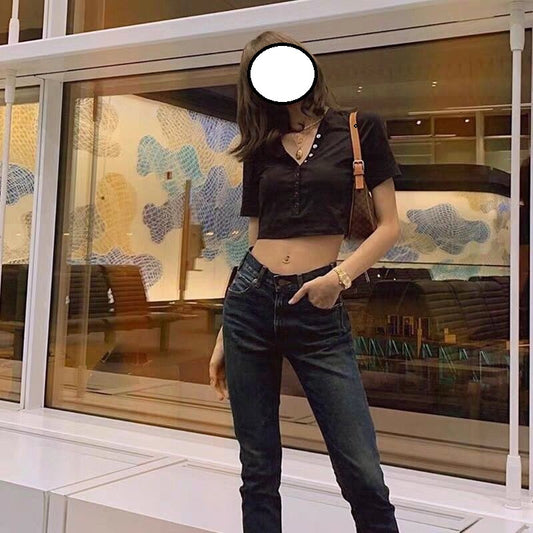 Small Slim V-neck Short Top T-shirt Female