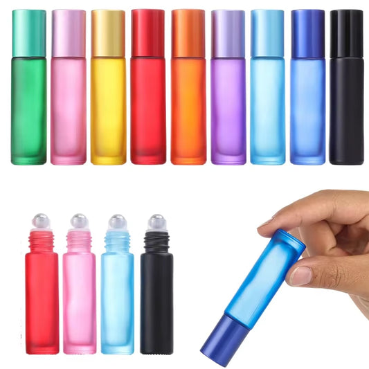 5Pcs 5/10Ml Portable Frosted Glass Essential Oil Roller Bottles Mini Refillable Roll on Vials W/ Opener Funnels for Aromatherapy