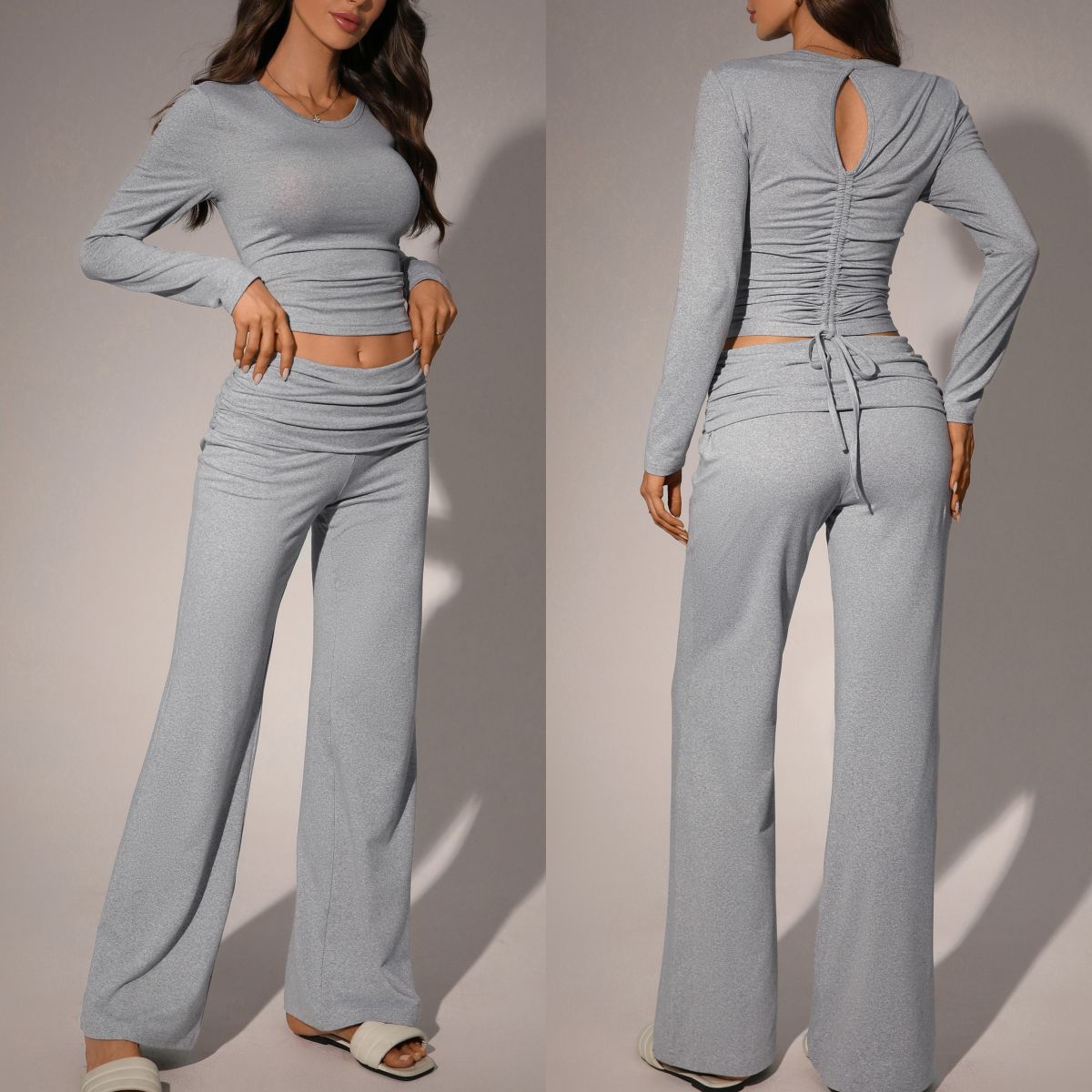 Womens Solid-Color Casual Fashion Top And Pants Set
