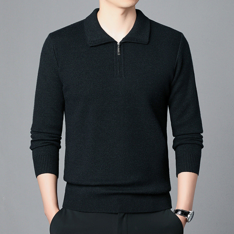 T-shirt Trendy High-end Men's Lapel Pullover Long Sleeve Knitted Sweater 100 Wool