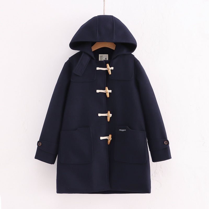 Retro Horn Button Hooded Woolen Coat