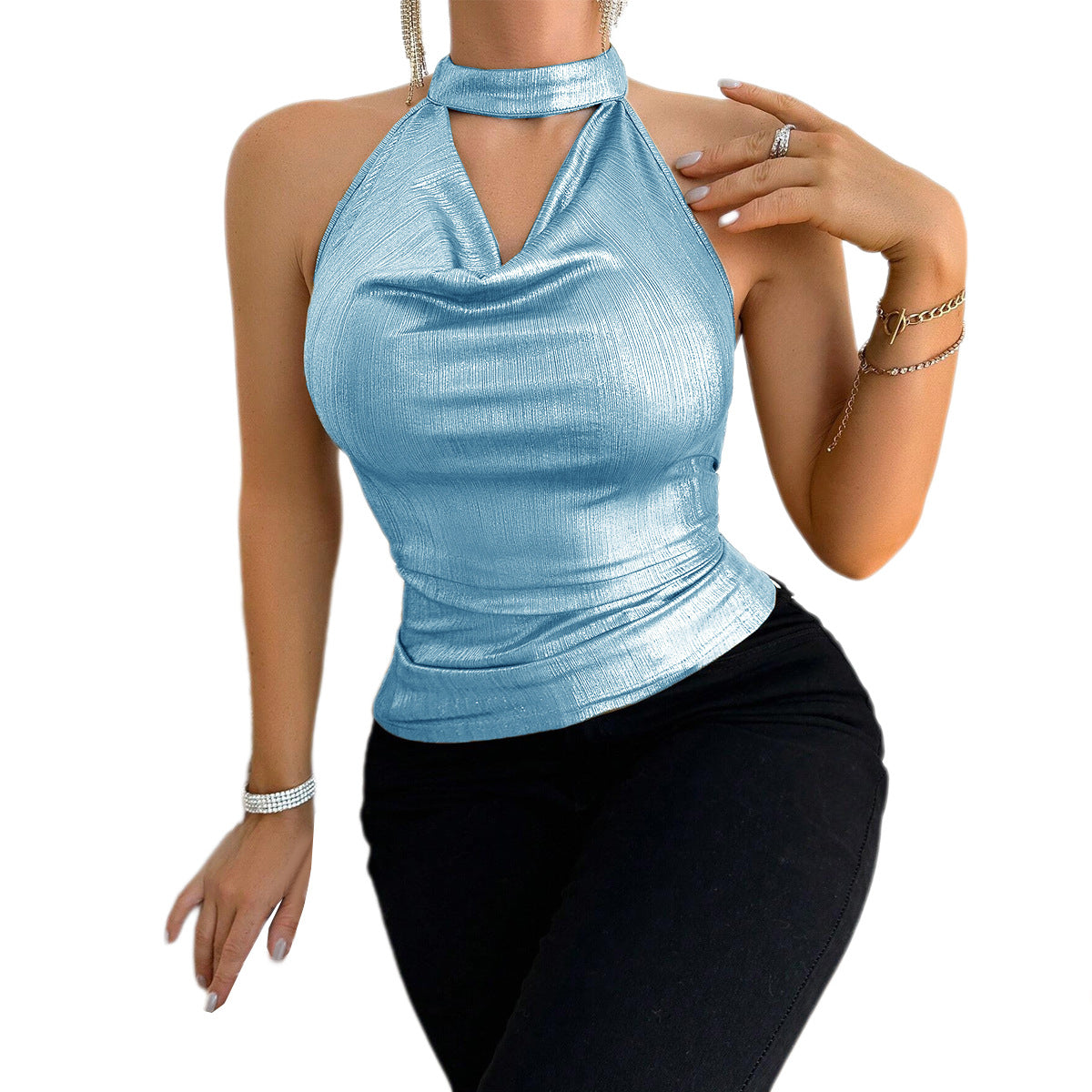 Slim-fit Pleated Tie-waist Sheen Top