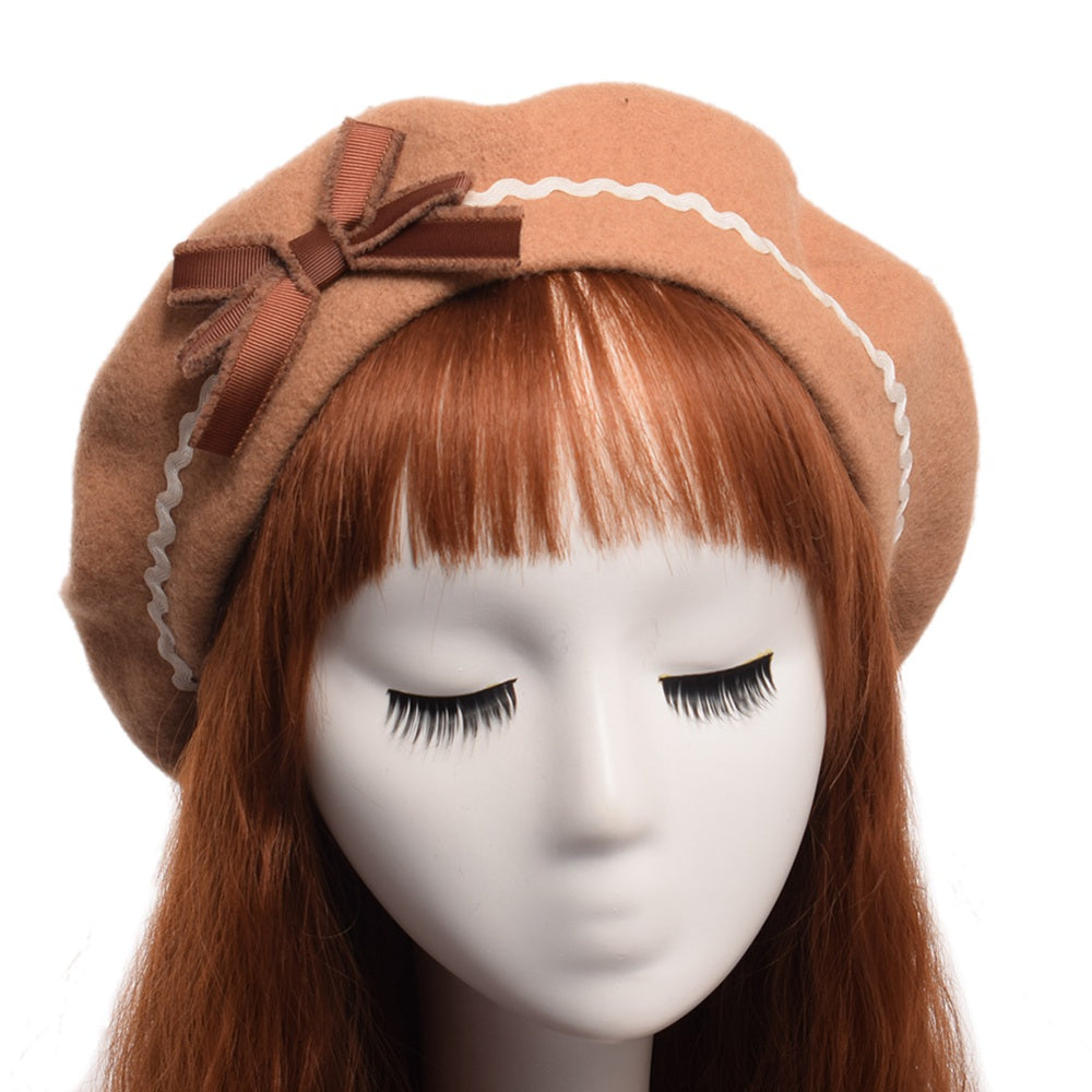 Fashion Japanese JK Lolita Wavy Bow Furball Beret