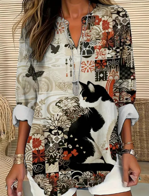 Women's Japanese Cat Pattern Floral Art Print Long Sleeve Shirt