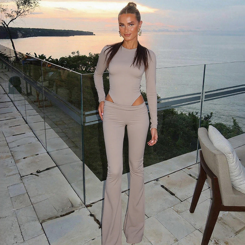 Solid Color Crew Neck Long Sleeve Slim Fit Bodysuit And Low Rise Pants Set